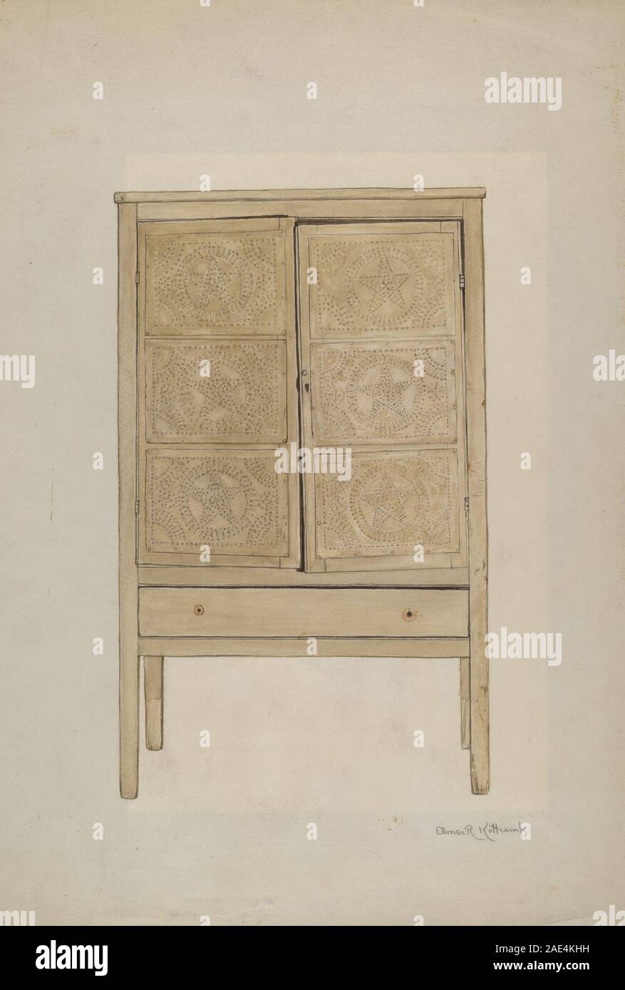 L'armadio, creato tra il 1935 e il 1942 da Elmer R. Kottcamp, è un mobile in legno con porte e ripiani utilizzati per lo stoccaggio, che mostra design strutturale, artigianato e uso domestico funzionale. Foto Stock