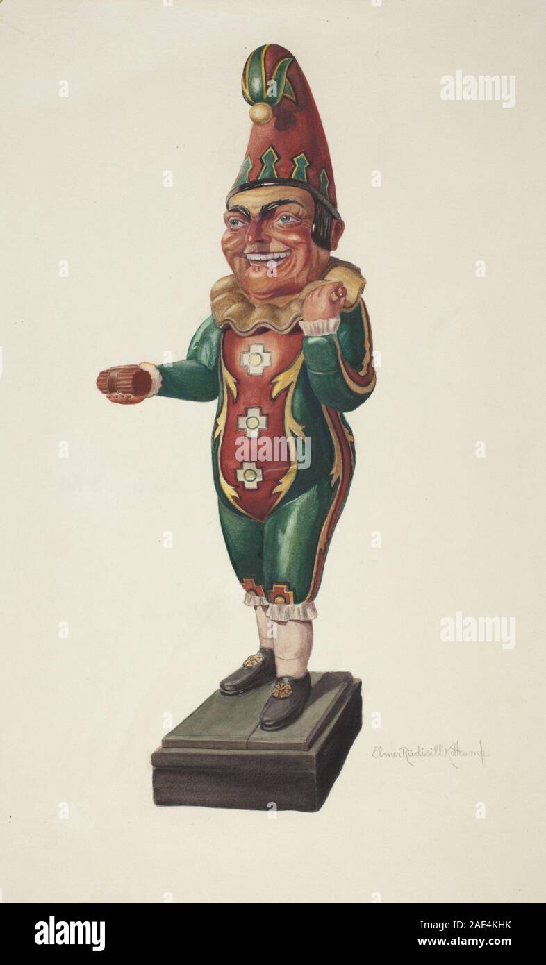 Figura del negozio di sigari: Punch, creato intorno al 1939 da Elmer R. Kottcamp, è una statuetta in legno utilizzata per pubblicizzare sigari, raffigurante il personaggio Punch con dettagli dipinti e elementi scolpiti, che illustra l'arte popolare commerciale dei primi anni del XX secolo. Foto Stock