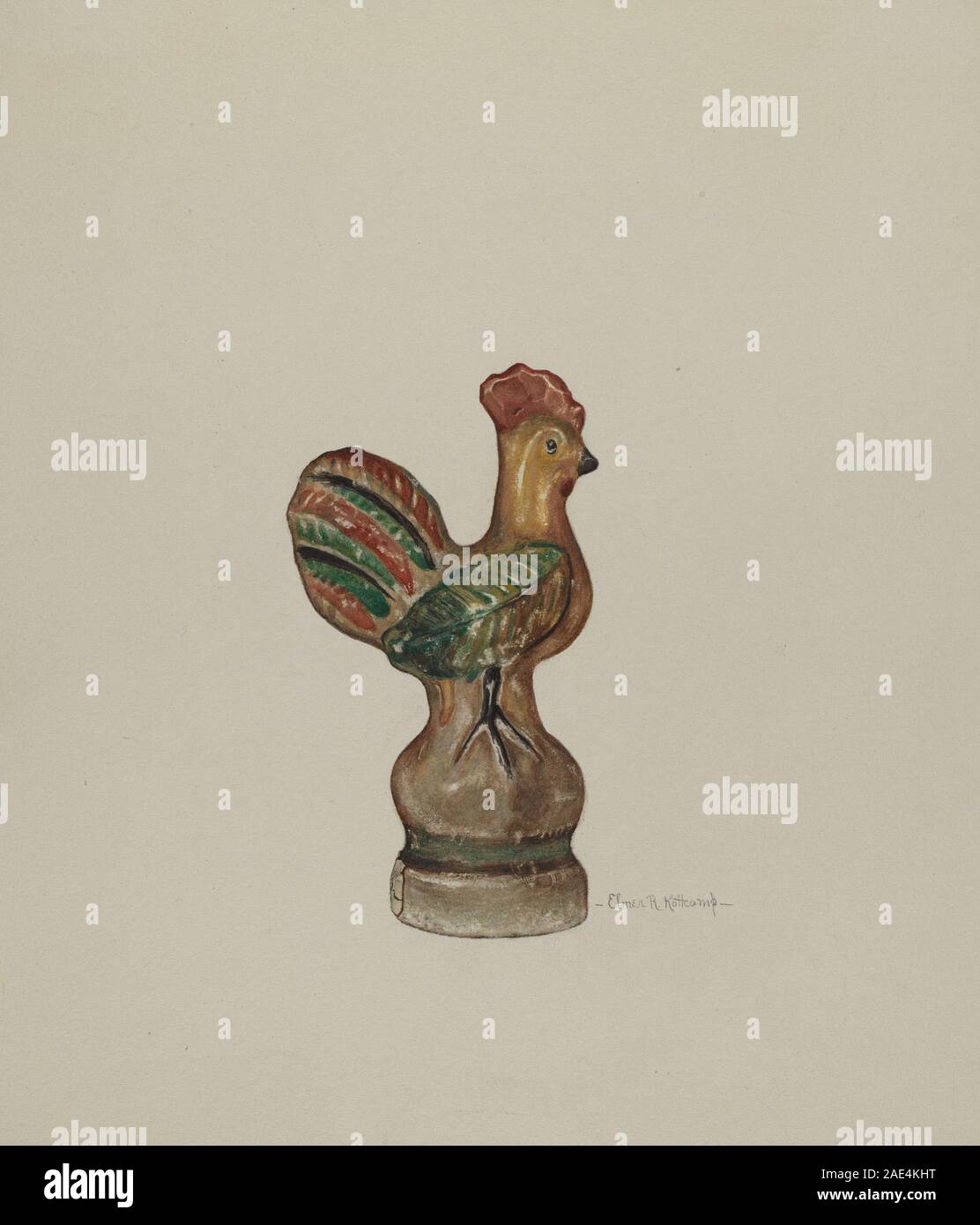 Chalkware Rooster, creato da Elmer R. Kottcamp intorno al 1940, è una statuetta modellata fatta di materiale a base di gesso, raffigurante un gallo con dettagli dipinti, utilizzata per la decorazione o la collezione. Foto Stock