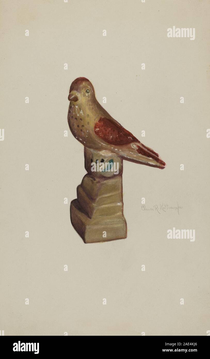 Una scultura in calce di un uccello creata intorno al 1940 da Elmer R Kottcamp. La figura è stampata in gesso o materiale simile e dipinta per rappresentare le caratteristiche aviarie. Foto Stock