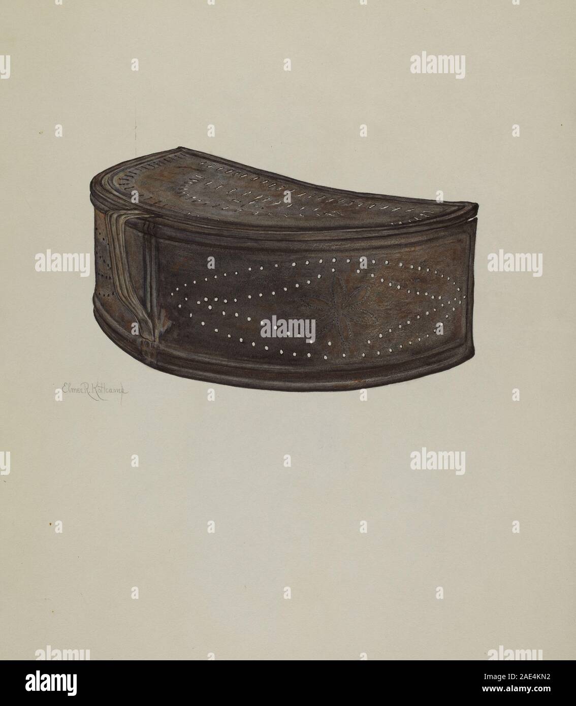 Lo scudo anti-scintilla c. 1941 Pennsylvania German di Elmer R. Kottcamp è una piastra metallica progettata per proteggere le superfici dalle scintille, sottolineando il design funzionale e la cura artigianale. Foto Stock