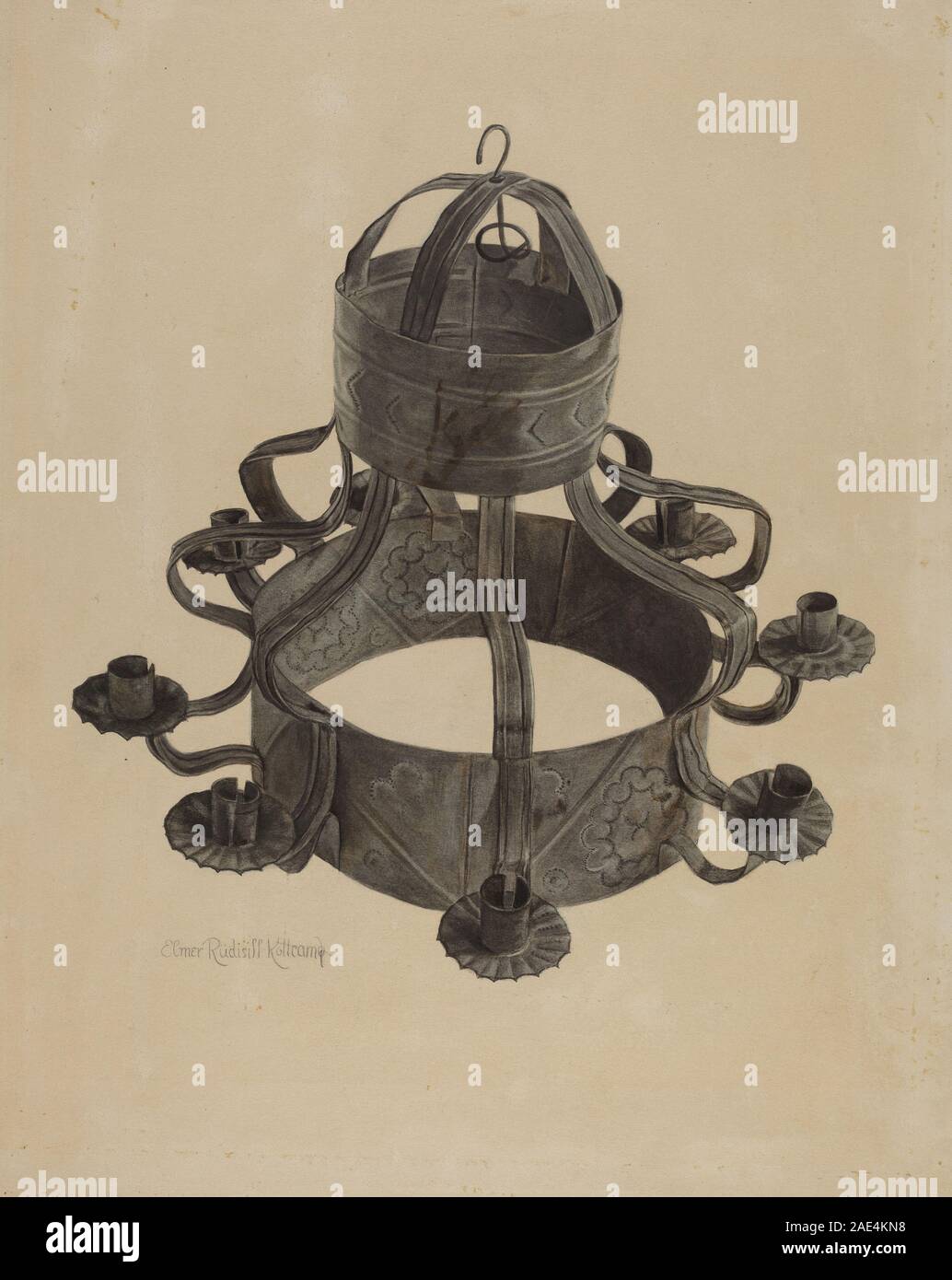 Il lampadario tedesco della Pennsylvania del 1935-1942 di Elmer R Kottcamp è una lampada decorativa sospesa che enfatizza la struttura, il design e l'artigianalità. Foto Stock