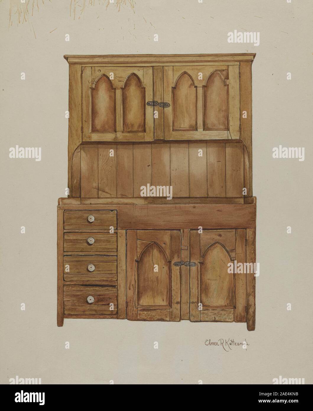 Lavello Bench, creato tra il 1935 e il 1942 da Elmer R. Kottcamp, è un mobile domestico in legno progettato per contenere un lavabo per il lavaggio, mostrando design strutturale, uso funzionale e artigianato di oggetti per la casa dei primi del XX secolo. Foto Stock