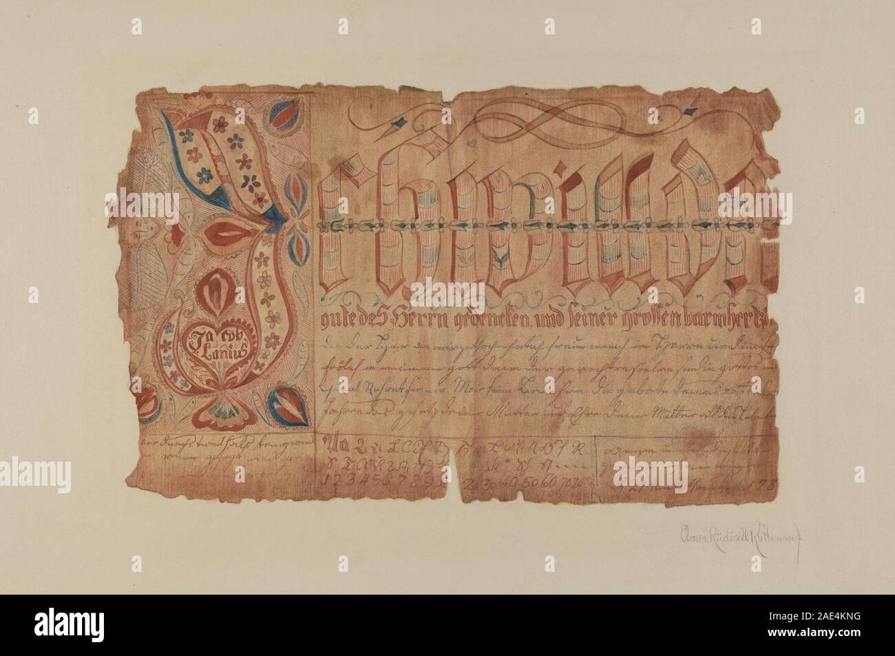 Una stampa Fractur creata tra il 1935 e il 1942 da Elmer R Kottcamp, usando uno stile decorativo. Il pezzo mostra una scritta ornata caratteristica della tradizione tipografica Fractur. Foto Stock