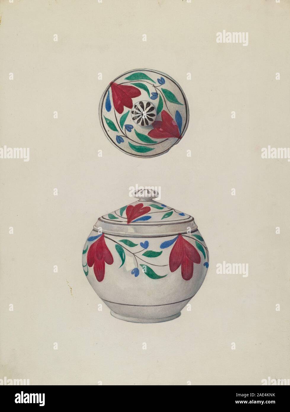 Il vasetto da zucchero 1938 di Elmer R. Kottcamp è un piccolo contenitore con coperchio per conservare lo zucchero, sottolineando design, materiale e cura artigianale. Foto Stock