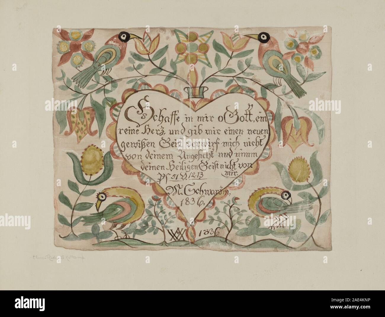 Il salmo miniato di Elmer R. Kottcamp del 1939 è una pagina di manoscritti con scritte decorative, bordi e illustrazioni, che enfatizzano la tipografia, il design, e artisticità. Foto Stock