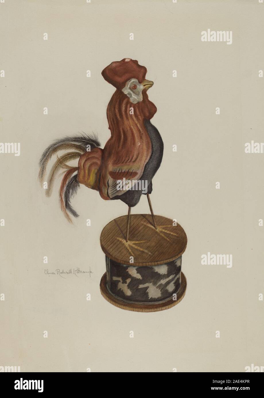 Toy Rooster, realizzato da Elmer R. Kottcamp tra il 1935 e il 1942, è una piccola statuetta in legno o composito che rappresenta un gallo, utilizzata come oggetto decorativo o da gioco in ambienti domestici. Foto Stock