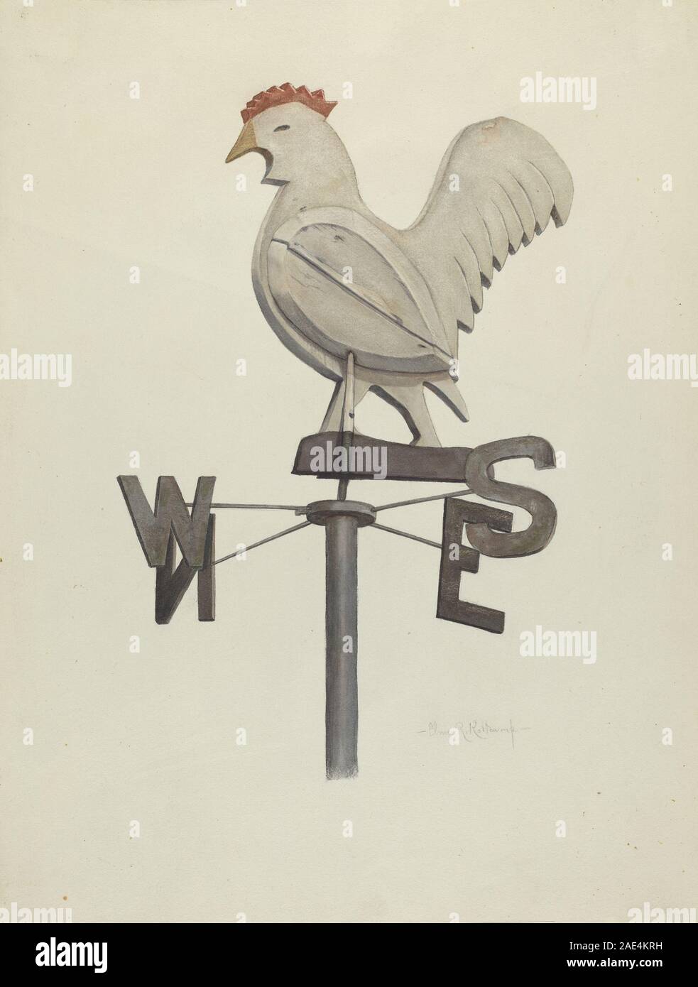 La pala meteorologica 1941 di Elmer R. Kottcamp è un dispositivo metallico montato sui tetti per indicare la direzione del vento, enfatizzando il design funzionale, il materiale e l'artigianalità. Foto Stock