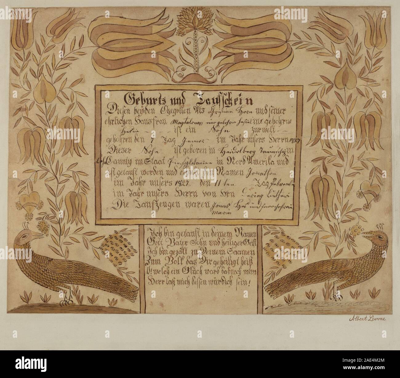 Fraktur di Albert Levone, creato tra il 1935 e il 1942, mostra la tradizionale arte decorativa tedesca della Pennsylvania, con lettere stilizzate, simboli e ornamenti. Foto Stock