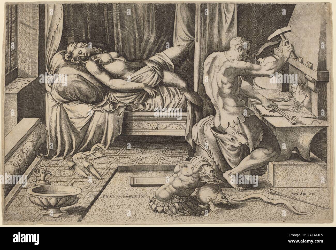 Venere disteso con Vulcano nella sua fucina, creato intorno al 1543 da Enea Vico dopo Parmigianino, raffigura figure mitologiche in un ambiente di fucina con anatomia dettagliata e composizione classica. Foto Stock