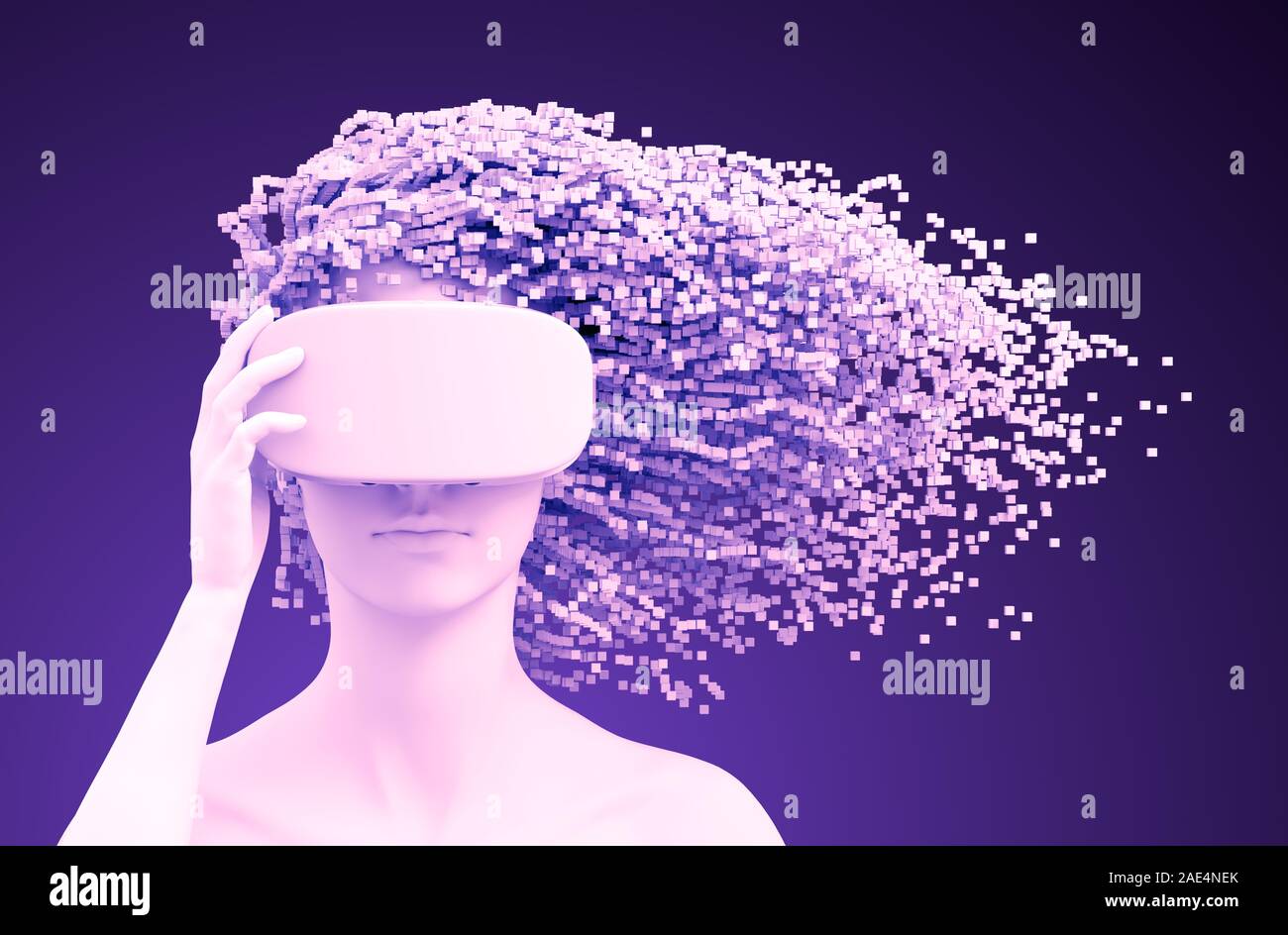 Bella donna che indossa gli occhiali VR e 3D Pixel come capelli su sfondo viola. La realtà virtuale del concetto. Foto Stock