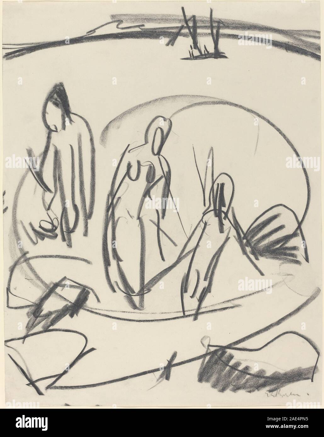 Ernst Ludwig Kirchner (tedesco, 1880 - 1938 ), TRE bagnanti in mare, c. 1914, Gessetto nero, Ruth e Jacob Kainen 1984.94.1 Raccolta Ernst Ludwig Kirchner, tre bagnanti in mare, c 1914 Foto Stock