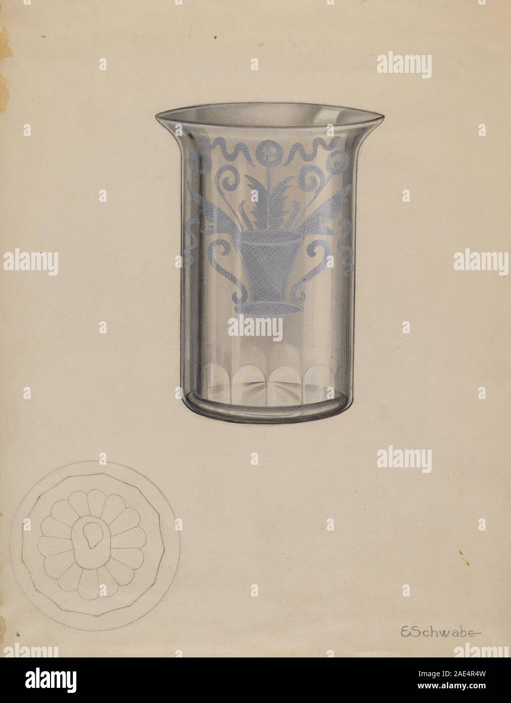 Un bicchiere d'acqua Stiegel del 1936 di Erwin Schwabe, realizzato in vetro con pareti trasparenti, forma cilindrica, e progettato per servire l'acqua, tipico della vetreria dei primi anni del XX secolo. Foto Stock