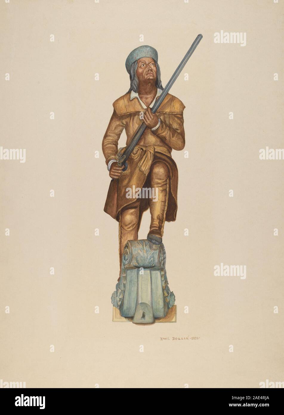 La figura di Davy Crockett creata nel 1938 da Ethel Dougan è un oggetto decorativo in legno intagliato progettato per essere montato su una barca, che mostra dettagli dipinti, caratteristiche facciali e rappresentazione tradizionale. Foto Stock