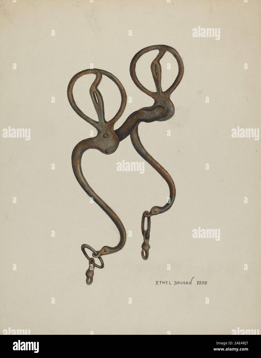 La punta di ferro creata nel 1938 da Ethel Dougan è una punta a cavallo in metallo utilizzata per il controllo dell'equitazione, che mostra la costruzione, la forma e il design funzionale del ferro forgiato per l'uso equestre. Foto Stock