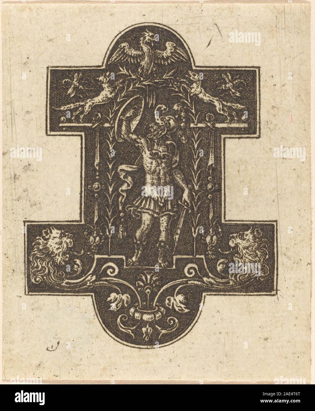 Marte, inciso da Etienne Delaune, raffigura il dio romano della guerra, illustrando la rappresentazione mitologica europea del XVI secolo, l'iconografia e le tecniche di stampa decorative. Foto Stock