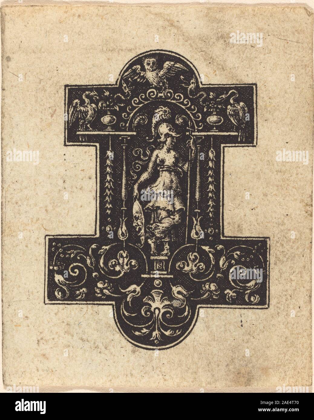 Un'incisione di Etienne Delaune che mostra la dea Minerva in piedi. L'opera enfatizza la figura classica, l'armatura, il casco e il design decorativo ornamentale. Foto Stock