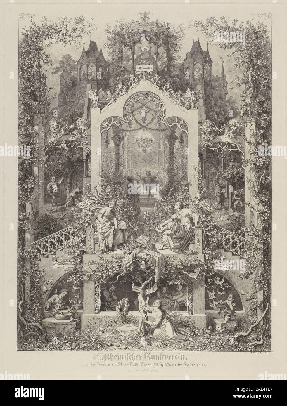 Un'illustrazione del 1847 di Eugenio Napoleone Neureuther raffigurante Aschenputtel (Cenerentola), che mostra il personaggio in una scena narrativa con costume, gesti e ambiente che riflette l'illustrazione di un libro del XIX secolo. Foto Stock