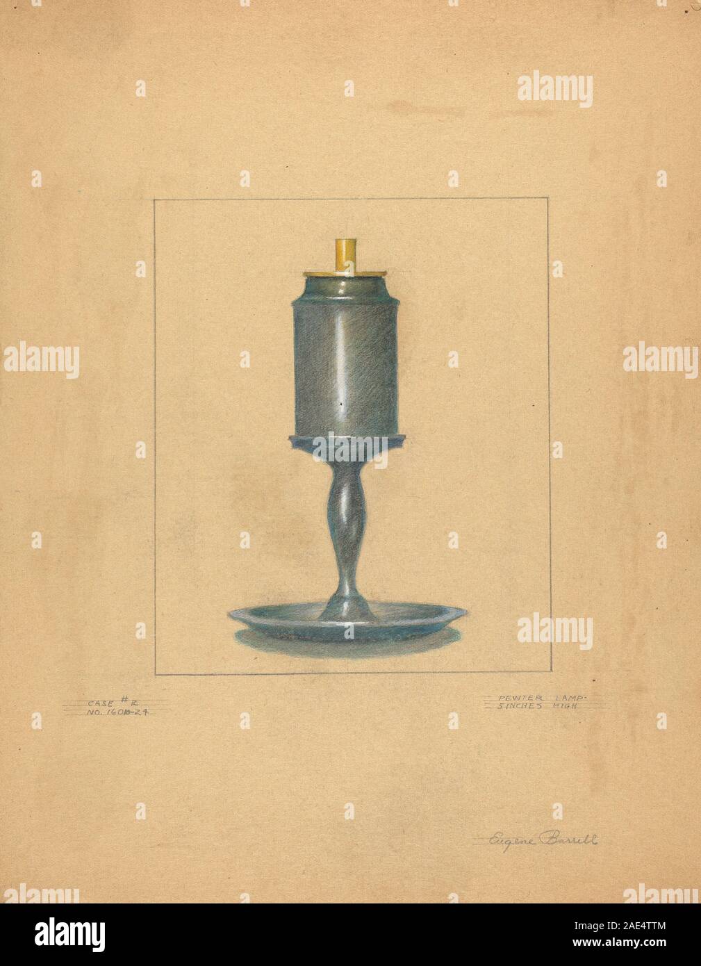 Una lampada in peltro creata tra il 1935 e il 1942 da Eugene Barrell, realizzata in metallo peltro con base, stelo e paralume, progettata per fornire un'illuminazione interna con maestria decorativa. Foto Stock
