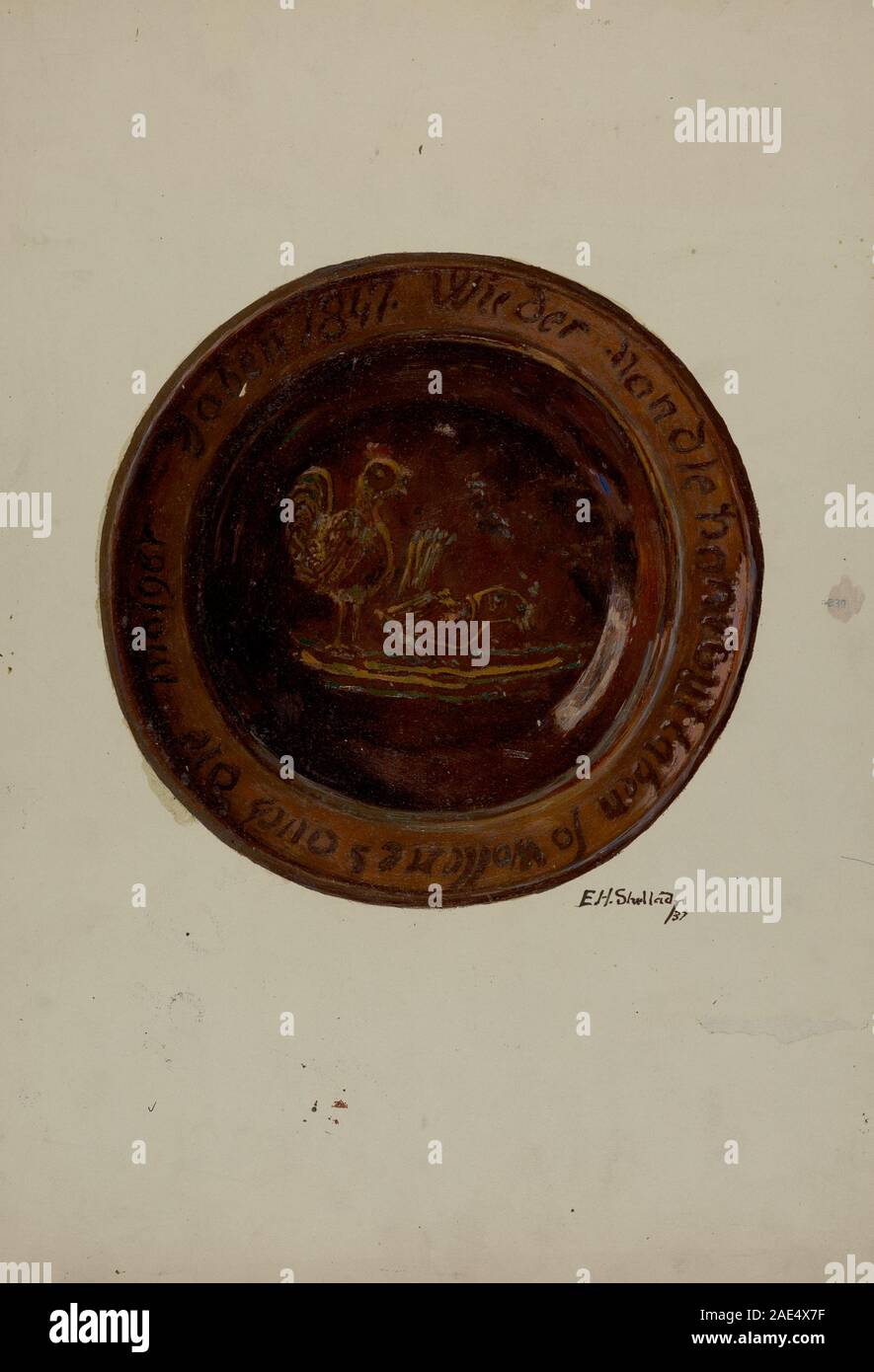 Un piatto di ceramica tedesca della Pennsylvania realizzato da Eugene Shellady nel 1937, caratterizzato da tradizionali motivi dipinti e decorazioni d'arte popolare caratteristiche dell'artigianato americano della metà del XX secolo. Foto Stock