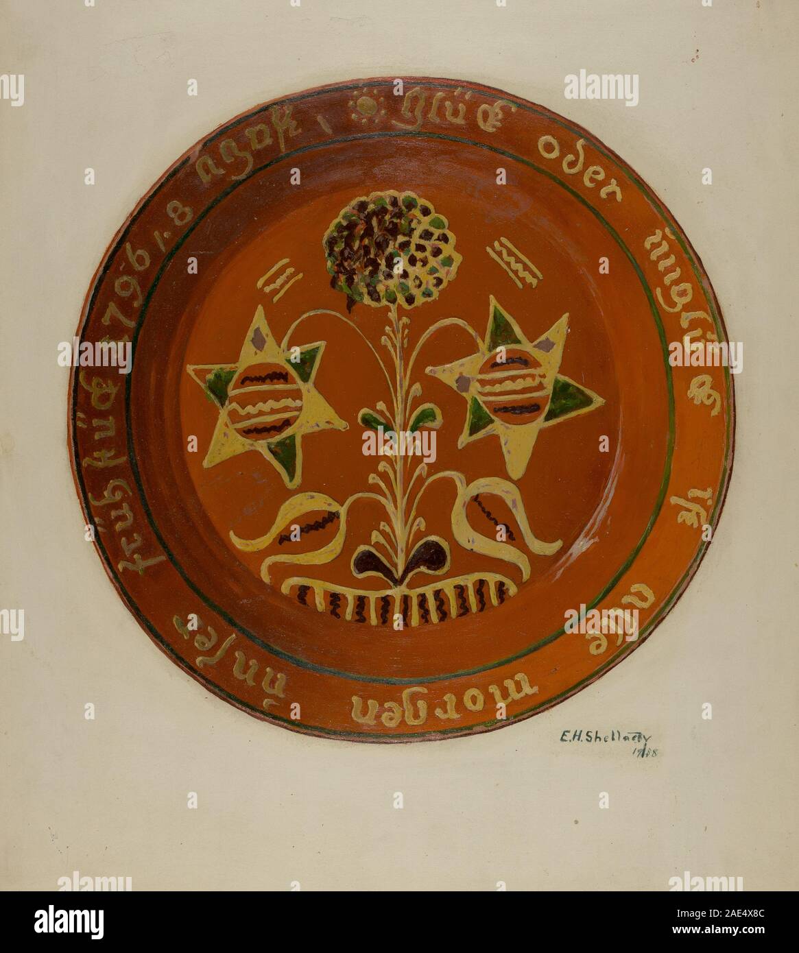 Un piatto tedesco in ceramica della Pennsylvania realizzato da Eugene Shellady intorno al 1938, decorato con motivi tradizionali e disegni dipinti a mano tipici delle ceramiche dell'arte popolare della metà del XX secolo. Foto Stock