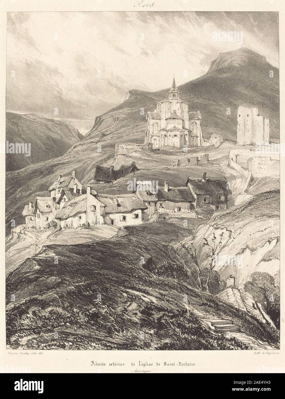 Questo dipinto del 1831 di Eugène Isabey raffigura l'abside della chiesa di Saint-Nectaire, mettendo in evidenza dettagli architettonici, struttura e il paesaggio circostante, riflettendo l'architettura religiosa francese del XIX secolo. Foto Stock