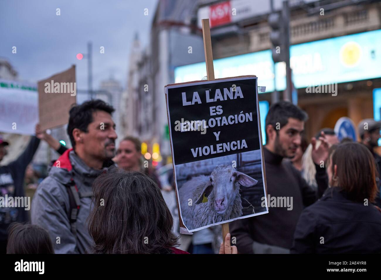 Una donna porta un cartello con una foto di una pecora e la didascalia "lana è lo sfruttamento e la violenza in occasione di un benessere degli animali protesta a Madrid Foto Stock