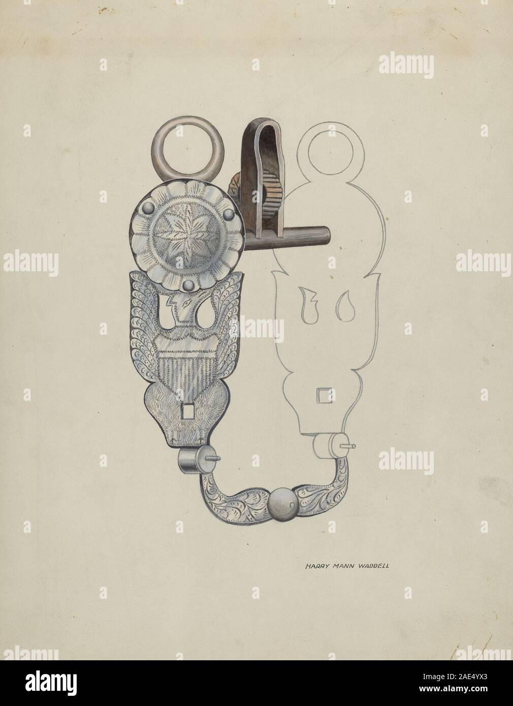 Un cavallo di metallo conosciuto come una punta di aquila, creato da Eva Fox e Harry Mann Waddell intorno al 1936, caratterizzato da lavori in metallo decorativi e design funzionale per l'uso equestre. Foto Stock