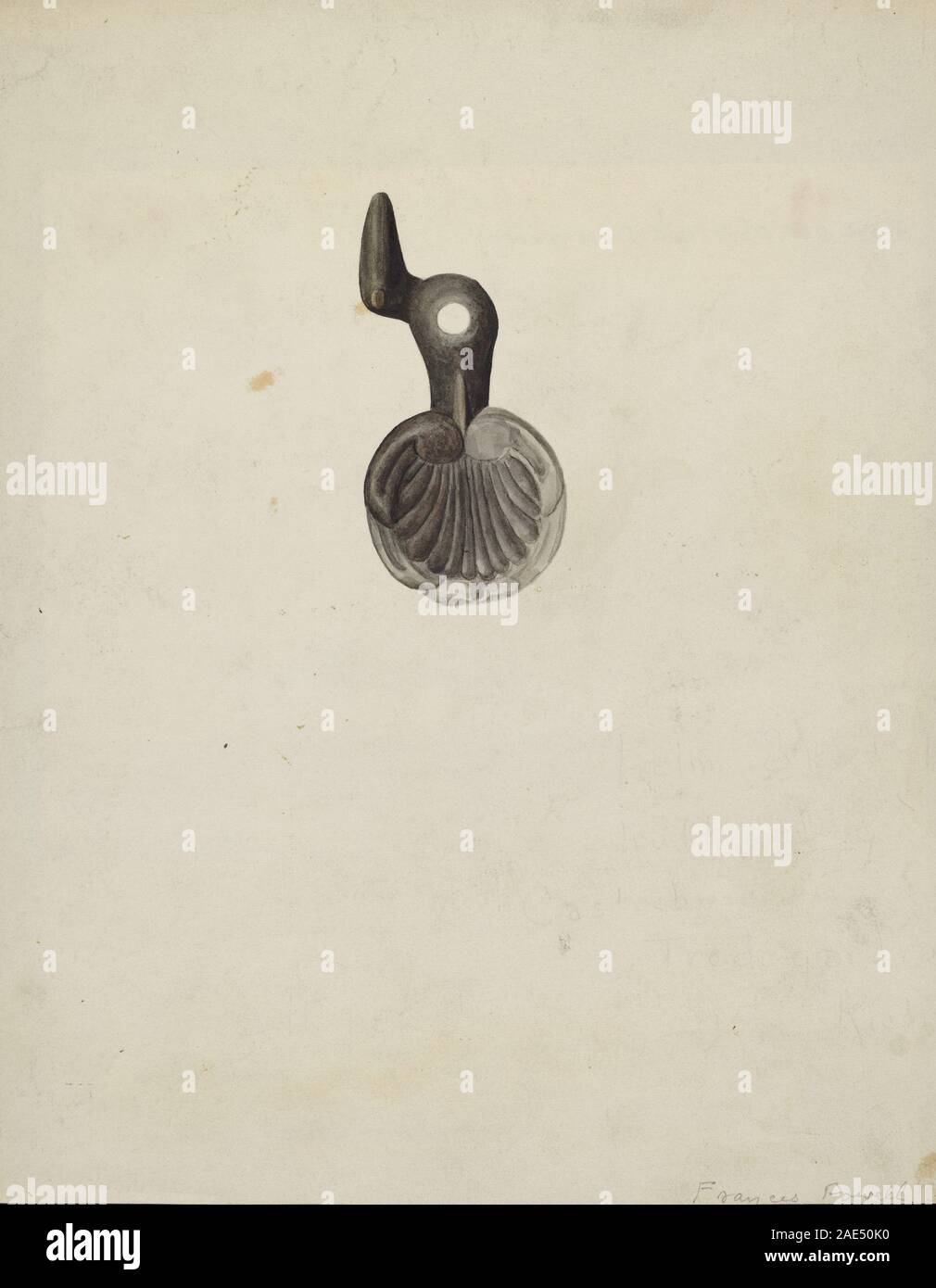 Shutter Dog, 1935-1942, di FW Powell, raffigura un dispositivo meccanico o decorativo utilizzato per tenere aperta una finestra. Il dipinto enfatizza la forma, il meccanismo, il materiale e i dettagli della superficie. Foto Stock