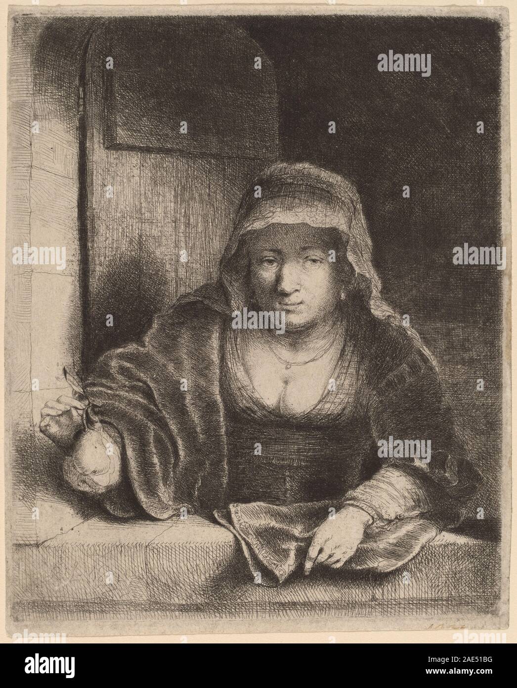 La donna con la pera di Ferdinand Bol, datata 1651, è un ritratto raffigurante una donna che regge una pera, resa con attenzione all'espressione facciale, all'abbigliamento e alla composizione in stile artistico olandese del XVII secolo. Foto Stock