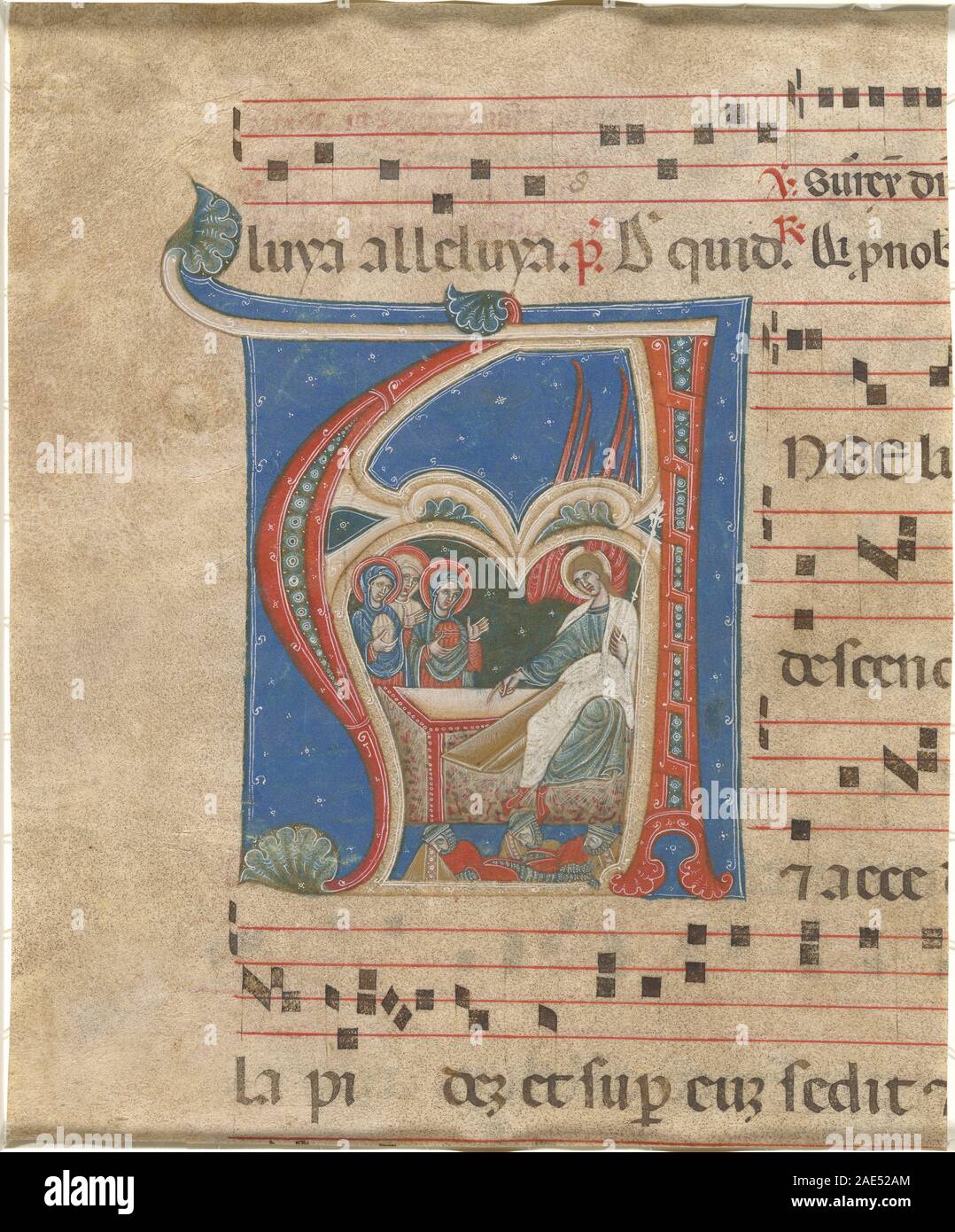 Una pagina di manoscritto miniata del primo Maestro degli Antifonari di Cortona, datata 1250-1275, raffigurante le tre sante donne alla tomba. L'opera d'arte presenta figure, gesti e narrazione religiosa. Foto Stock