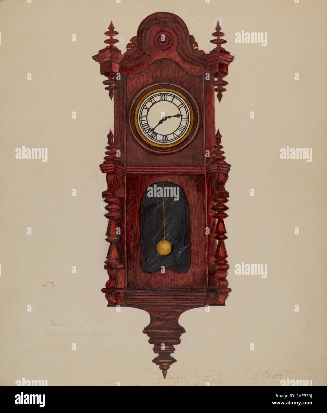 Orologio realizzato da Florence Stevenson intorno al 1936, caratterizzato da movimento meccanico, costruzione in metallo e legno, lancette, numeri e design funzionale per l'orologio. Foto Stock