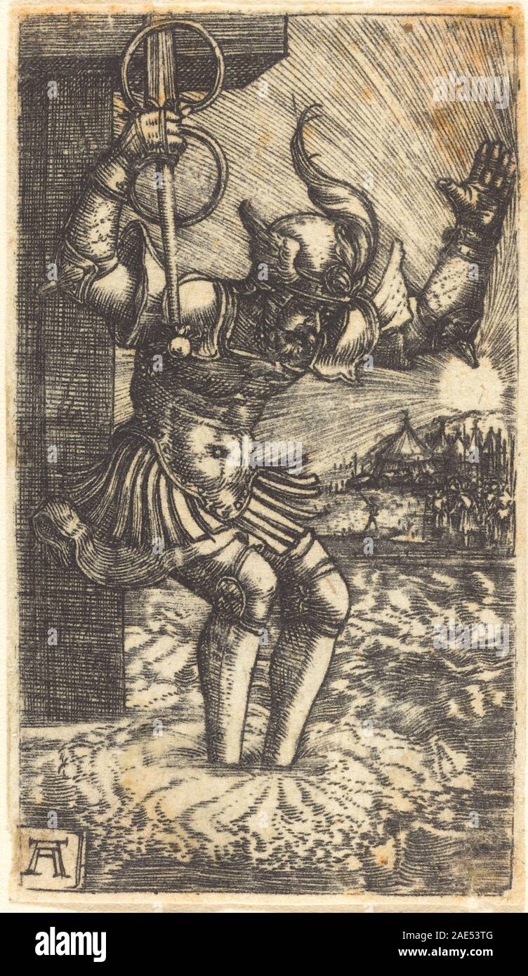 Un dipinto di Albrecht Altdorfer del 1520-1530 circa raffigurante Horatio Cocles che saltava nel fiume Tevere, mostrando figura umana, fiume, azione e stile compositivo rinascimentale. Foto Stock