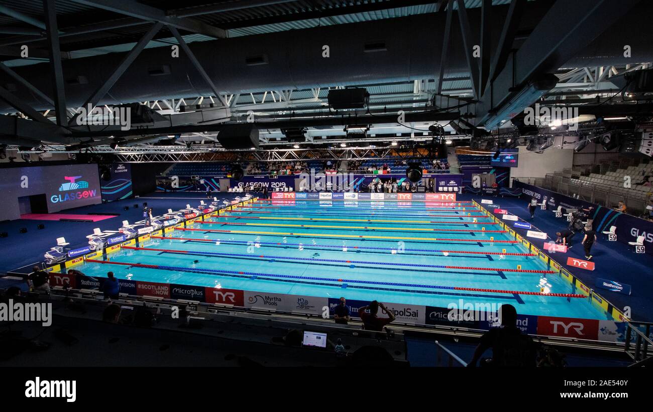 Una vista della sede per il LEN European Short Course Swimming Championships 2019, Tollcross International centro nuoto. Foto Stock