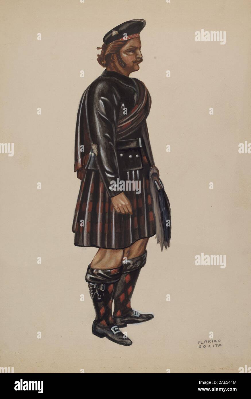 Figura in legno chiamata Scotchman creata intorno al 1937 da Florian Rokita. L'oggetto presenta legno intagliato, superficie dipinta, tradizionale abbigliamento scozzese, dettagli del viso e artigianato che riflettono l'arte popolare decorativa dell'inizio del XX secolo. Foto Stock