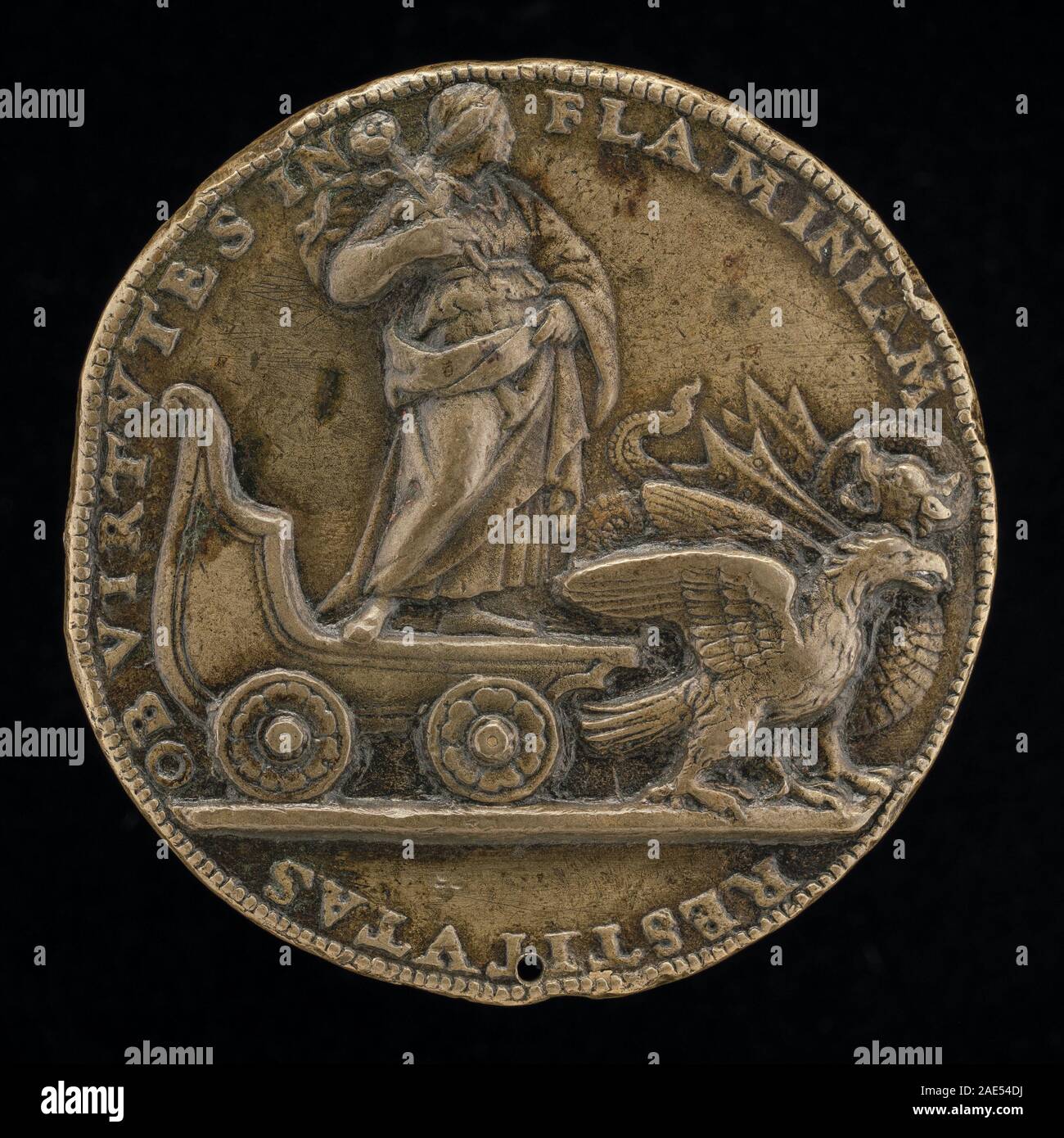 Il rovescio dell'opera di un seguace di Francesco Francia, intorno al 1519, raffigura una figura in un'auto disegnata da un drago e un'aquila, enfatizzando figure, creature e convenzioni di design rinascimentale italiano del primo XVI secolo. Foto Stock