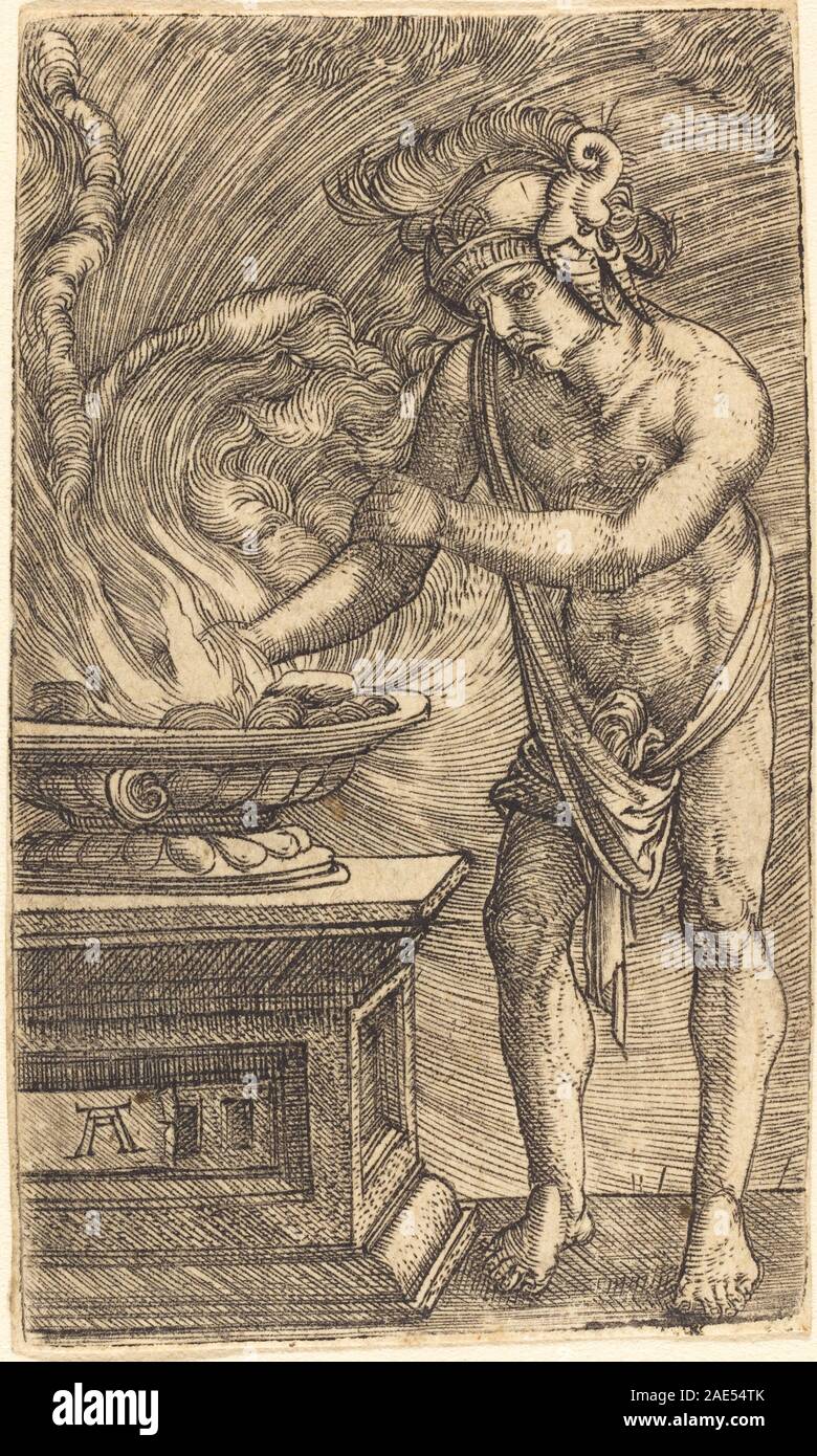 Un dipinto di Albrecht Altdorfer del 1520-1530 circa raffigurante Mucio Scaevola. L'opera mostra la figura storica, il soggetto romano, i gesti e gli elementi compositivi. Foto Stock