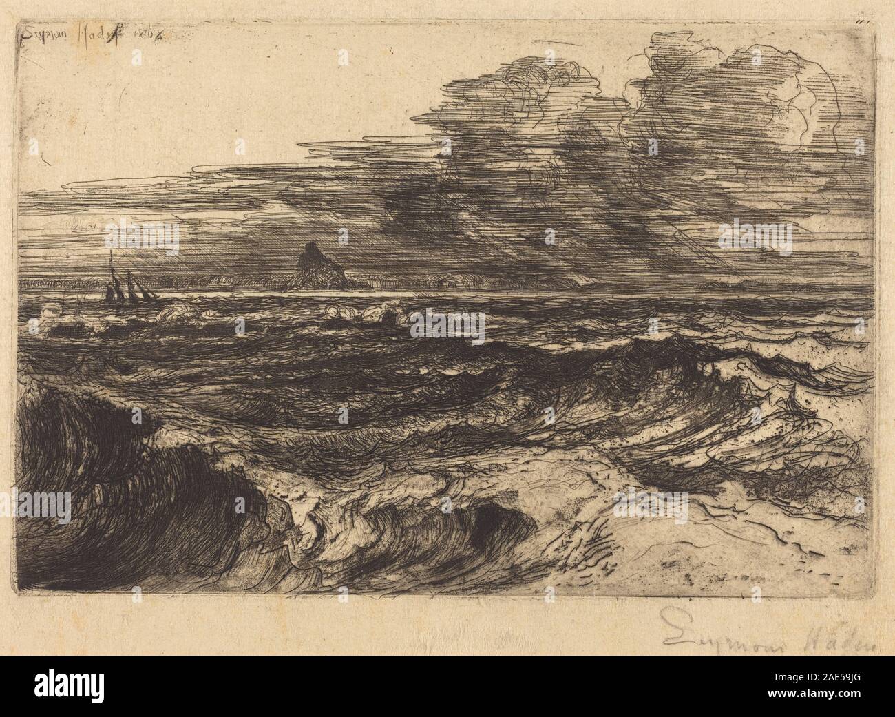 Una stampa o incisione di Francis Seymour Haden nel o dopo il 1868 raffigurante Mount's Bay, che mostra il paesaggio costiero, l'acqua, le scogliere, la vegetazione, luce e prospettiva atmosferica. Foto Stock