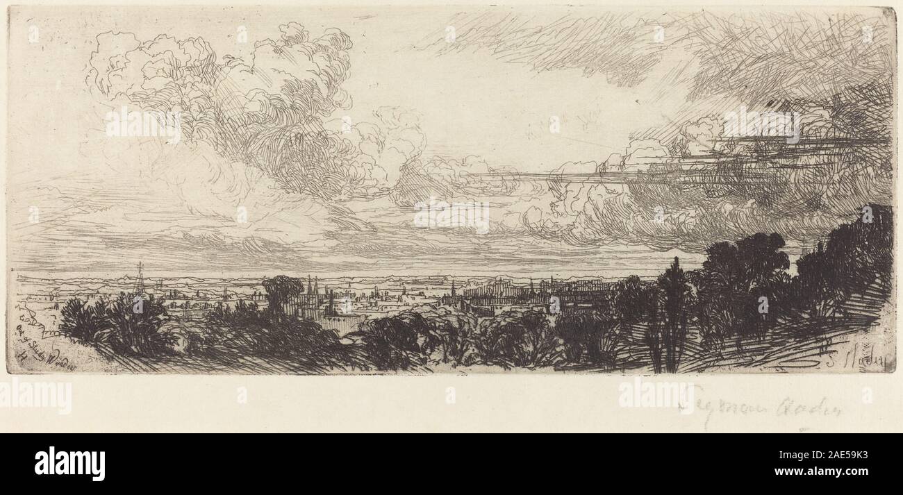 Questa incisione di Francis Seymour Haden, datata 1859, raffigura la vista vista vista da una finestra di studio. La composizione enfatizza gli elementi architettonici, il paesaggio e lo stile di incisione britannico della metà del XIX secolo. Foto Stock