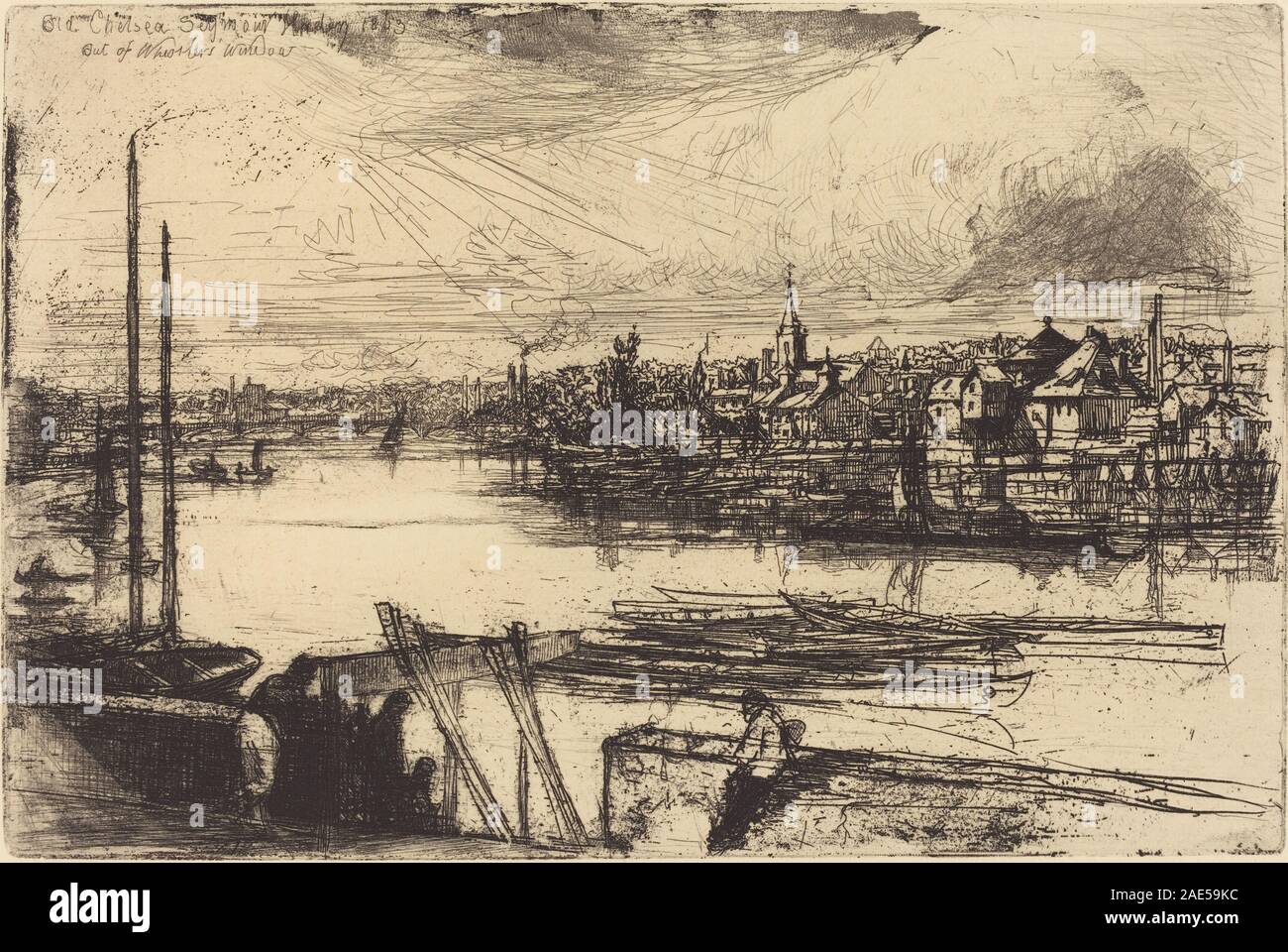 Questa incisione di Francis Seymour Haden, datata 1863, raffigura una vista della vecchia Chelsea e di Battersea dalla finestra di Whistler, mostrando il fiume, gli edifici e il paesaggio. Dimostra l'incisione britannica del XIX secolo e la rappresentazione topografica. Foto Stock