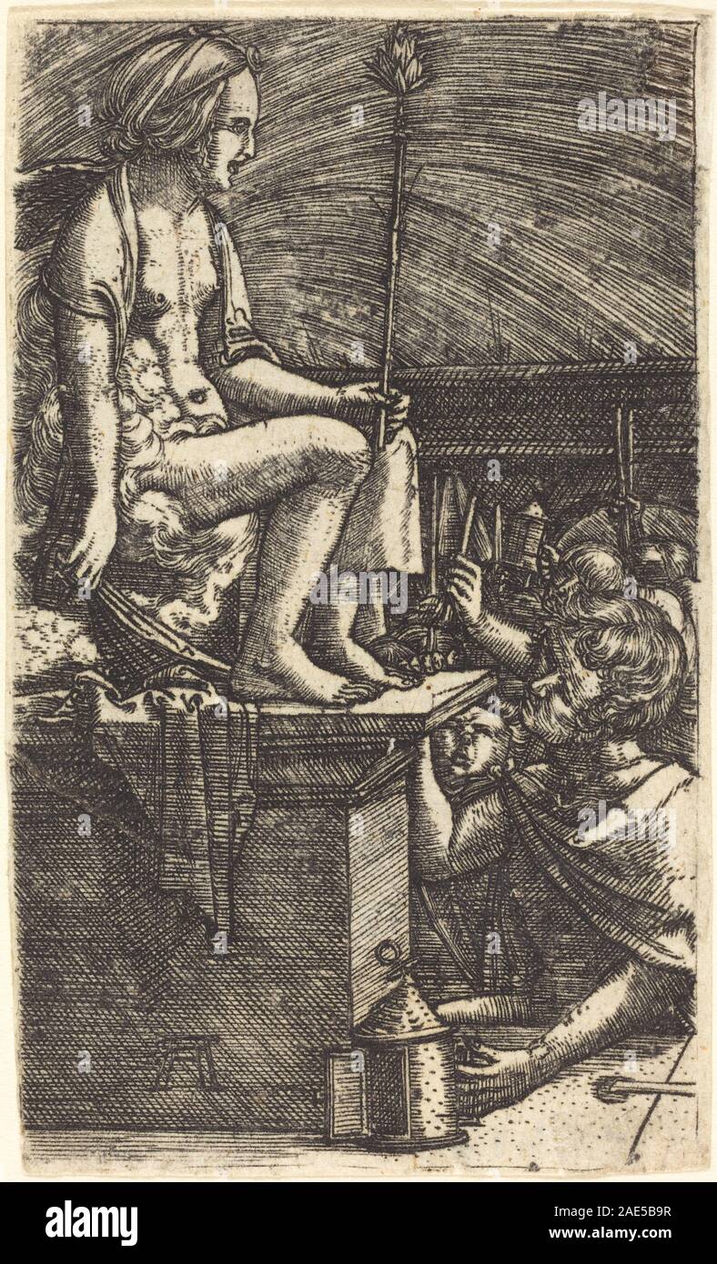 Un dipinto del 1520-1530 di Albrecht Altdorfer raffigurante la cortigiana romana e la vendetta del mago Virgilio, che mostra figure, narrativa e composizione rinascimentale. Foto Stock