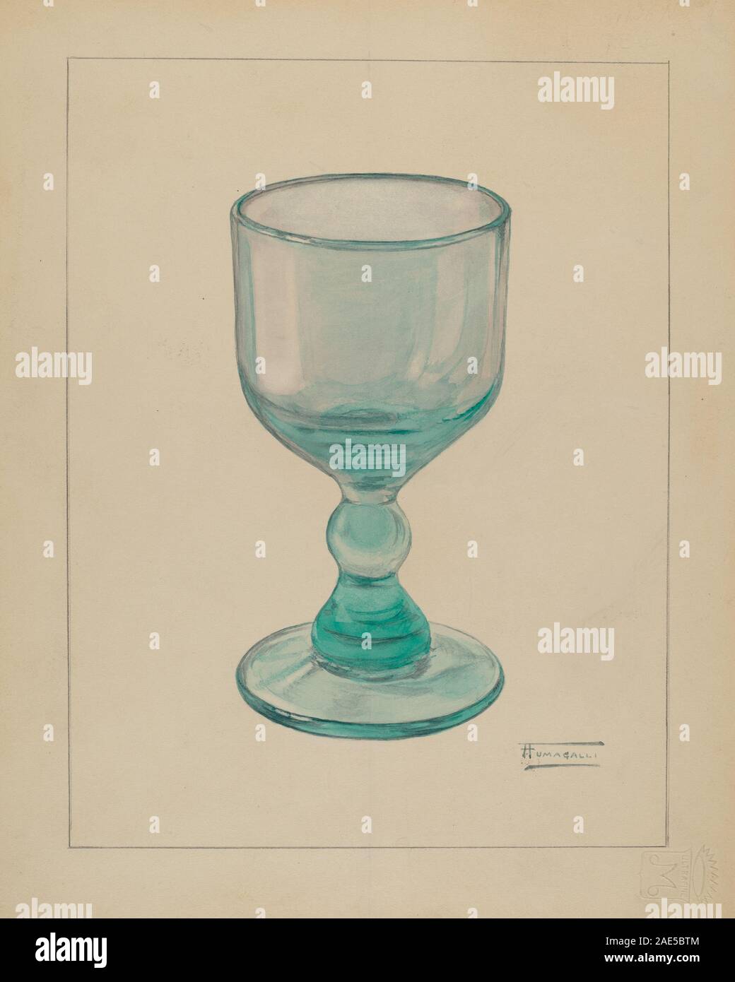 Questo calice del 1936 di Frank Fumagalli è un piccolo recipiente per bere in vetro o metallo, caratterizzato da uno stelo, una base ed elementi decorativi, che riflettono l'artigianato e il design dei primi anni del XX secolo. Foto Stock