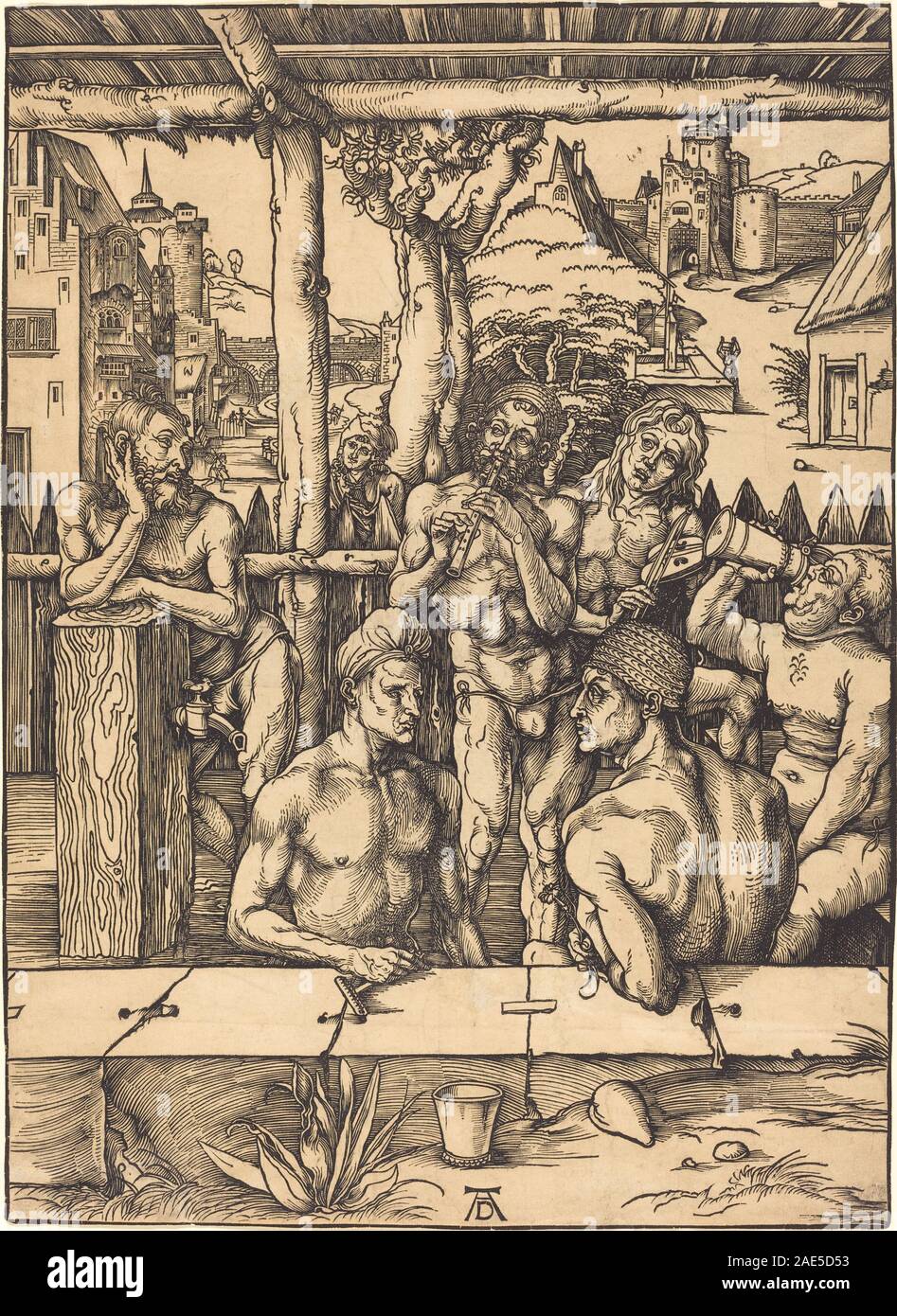 Un disegno di Albrecht Dürer del 1496-1497 circa raffigurante un bagno. L'immagine include architettura, viste interne ed esterne e figure umane. Foto Stock