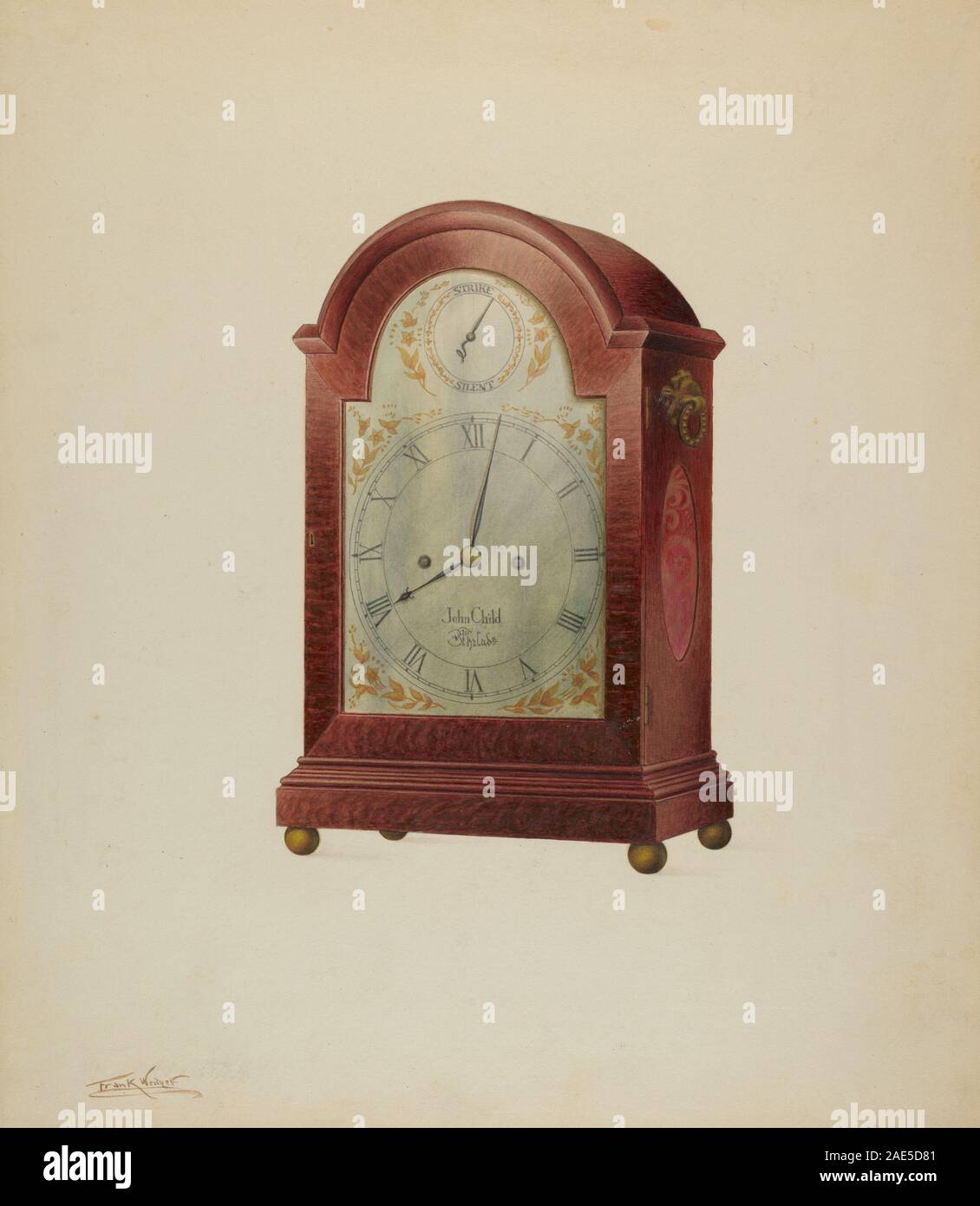 Orologio da circa 1938 di Frank Wenger, con faccia rotonda, lancette, numeri, involucro, e movimento meccanico per misurare il tempo. Foto Stock