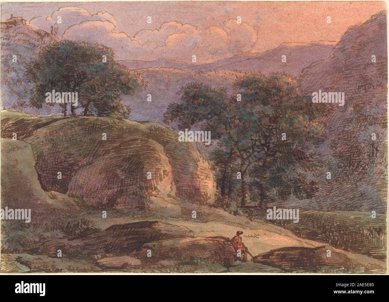 Traveler in un paesaggio di montagna al tramonto; 1800/1805 Innocenz Franz Josef Kobell, viaggiatore in un paesaggio di montagna al tramonto, 1800-1805 Foto Stock