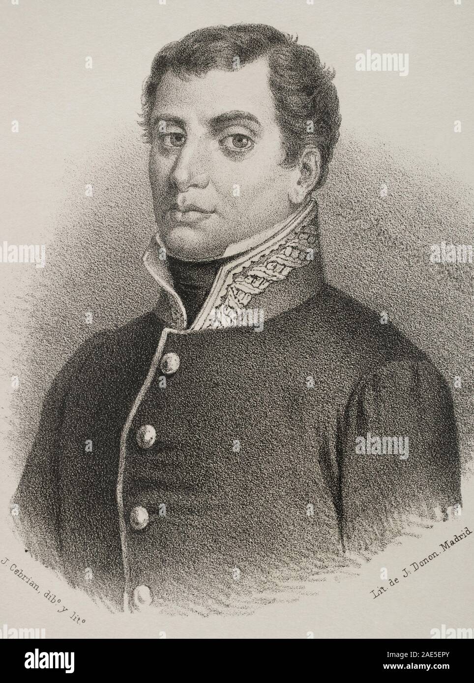 Rafael del Riego (1784-1823). Militar y político español liberale. Dibujo por J. Cebrian. Crónica General de España, Historia Ilustrada y Descriptiva de sus Provincias. Tomo Asturias y León, 1867. Biblioteca Histórico Militar de Barcelona, Cataluña, España. Foto Stock