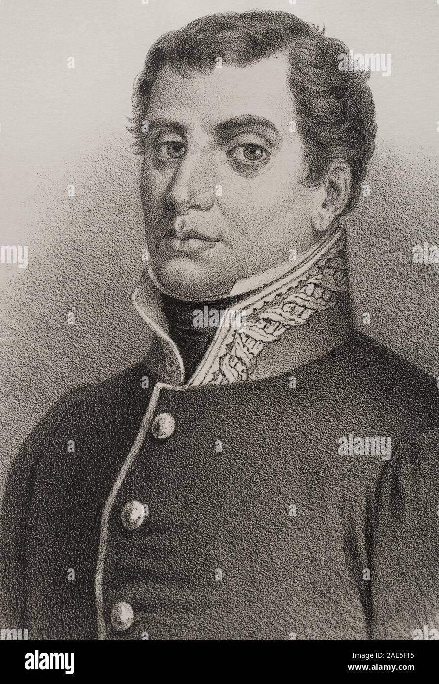 Rafael del Riego (1784-1823). Militar y político español liberale. Dibujo por J. Cebrian. Detalle. Crónica General de España, Historia Ilustrada y Descriptiva de sus Provincias. Tomo Asturias y León, 1867. Biblioteca Histórico Militar de Barcelona, Cataluña, España. Foto Stock