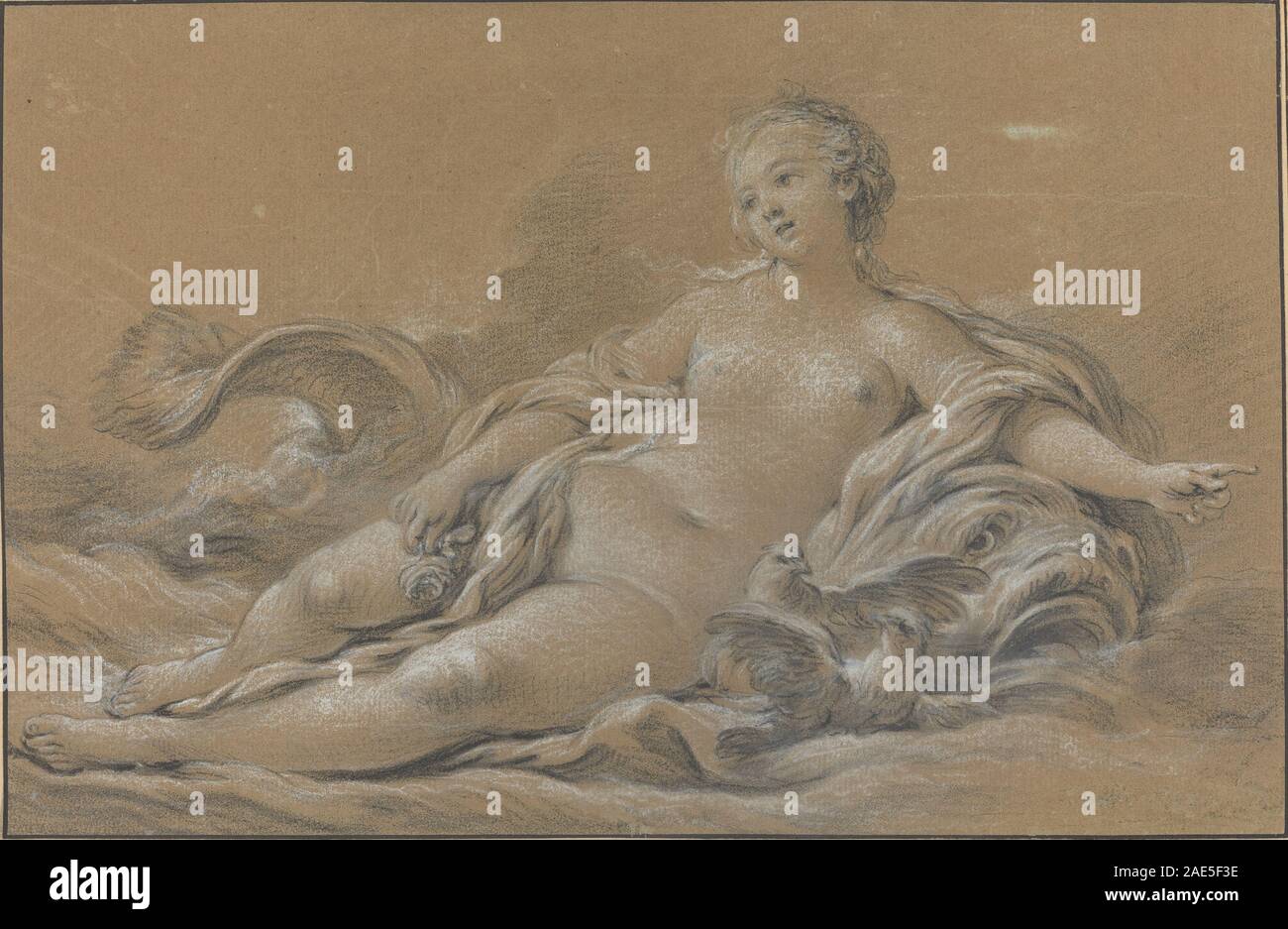 Un dipinto del 1745 di Francesco Boucher raffigurante Venere sdraiata su un delfino, raffigurante la dea, il delfino, l'acqua, il tendaggio, elementi decorativi sky e Rococò. Foto Stock