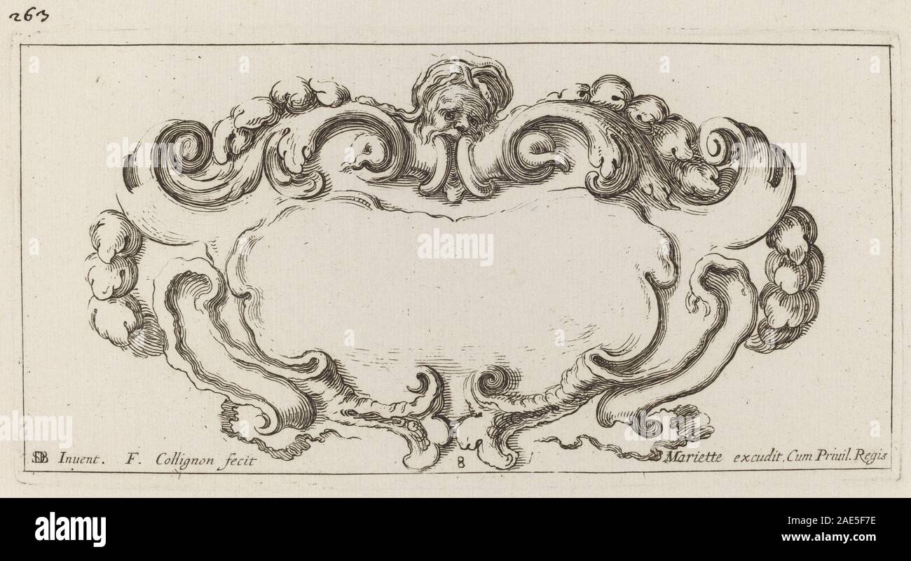 Una stampa o incisione di un cartiglio risalente probabilmente al 1646 di Francesco Collignon dopo Stefano della bella, che mostra disegni ornamentali e motivi decorativi. Foto Stock