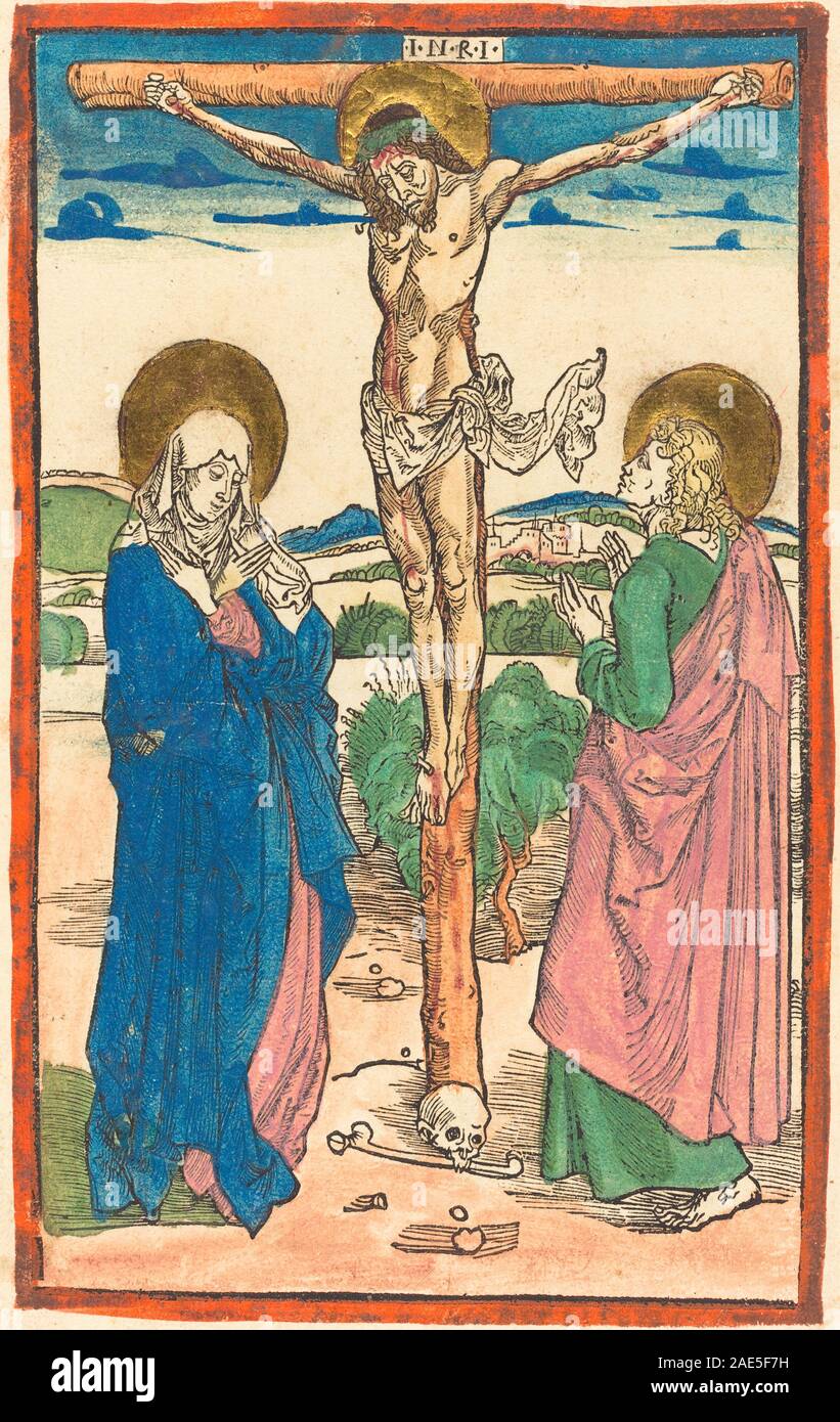 Un'incisione del 1493 di Albrecht Dürer che mostra Cristo sulla croce fiancheggiata dalla Vergine Maria e da San Giovanni, enfatizzando l'iconografia religiosa, l'espressione e la dettagliata opera di linea del Rinascimento settentrionale. Foto Stock